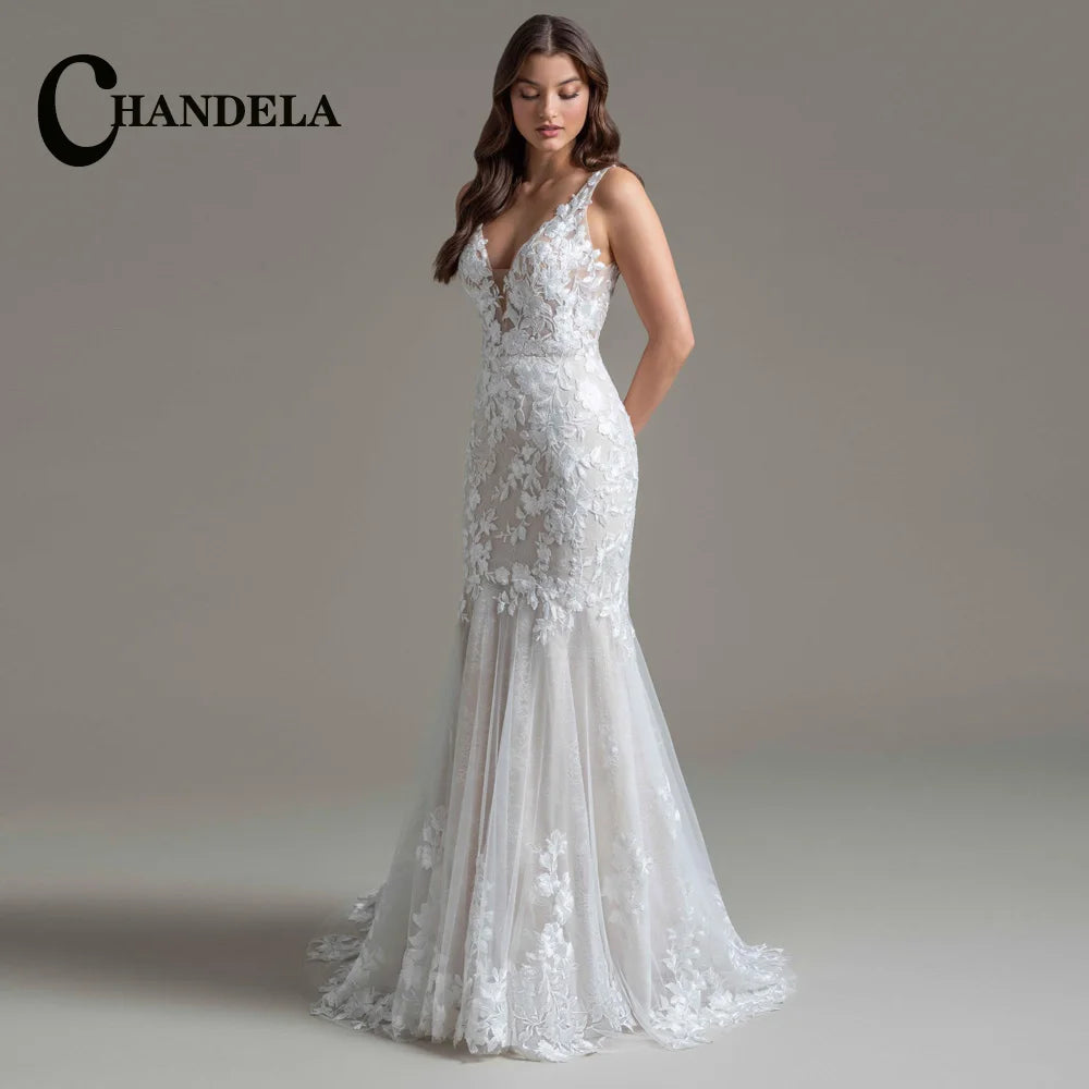 CHANDELA Abiti da sposa a tromba alla moda per le donne Sposa Applicazioni in pizzo con spalle scoperte Allacciatura Sweep Train Personalizzato