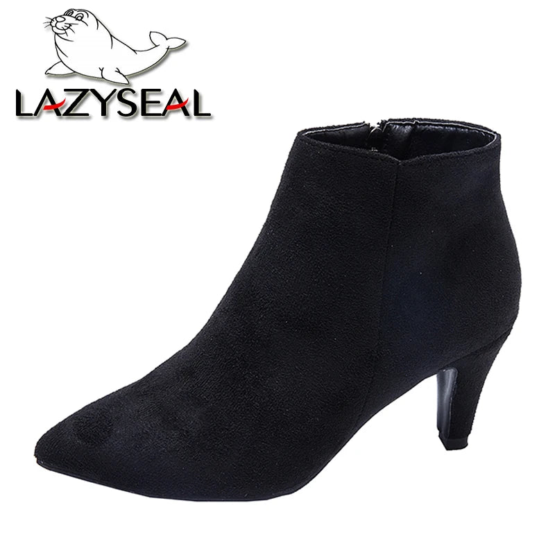 LazySeal 2025 New Luxury Leopard Women Boots Leather Winter Casual Shoes Hoof Heels Zip Pointed Toe Ankle Boots Big Size 43