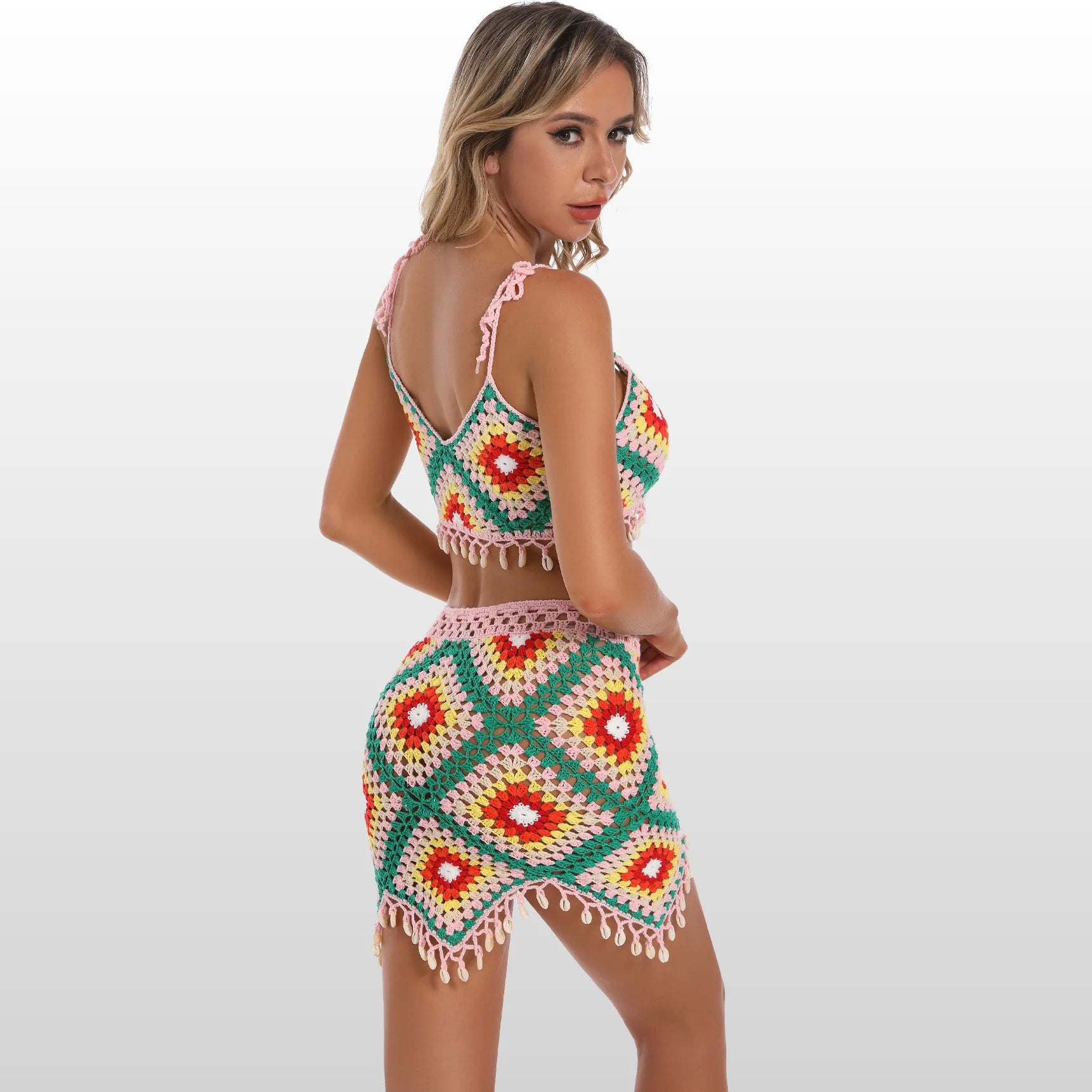 Handgemachter Häkelbikini Strand Granny Square Minirock Muschel Schwimmanzug Textur Strickbikini