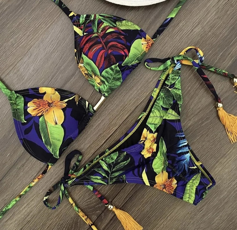 RUOTONGSEPT Sexy Micro Bikinis Set 2024 New Swimsuit Women Feather Print Bandage Swimwear Female Bathing Suit Brazilian Biquinis