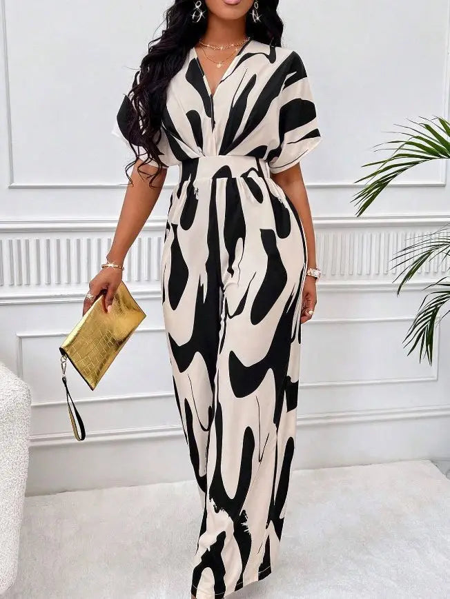 2025 Fashion Frühling Sommer Neue High Waist Kurzarm Jumpsuits Weites Bein Hosen Overalls Damen Bedruckter Sommer Lockerer Jumpsuit