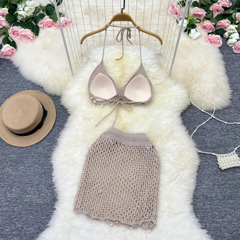 Damen Sommer Bademode Strand Sonnenbaden Muschel Bikini Set Stilvolle einfarbige Neckholder Hohler Strickrock