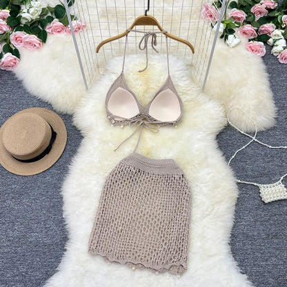 Damen Sommer Bademode Strand Sonnenbaden Muschel Bikini Set Stilvolle einfarbige Neckholder Hohler Strickrock