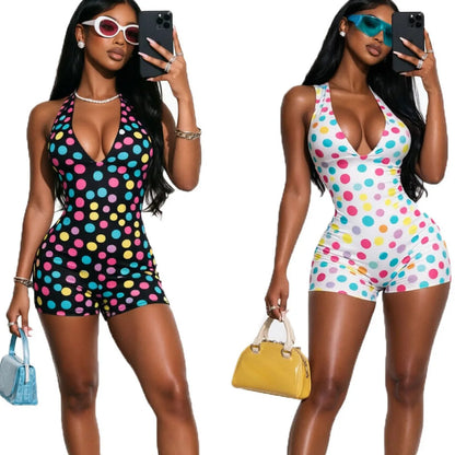 Summer Deep V Neck Halter Rompers Shorts Womens Jumpsuit Dot Bodysiuts for Women Female Bodysuit Mujer