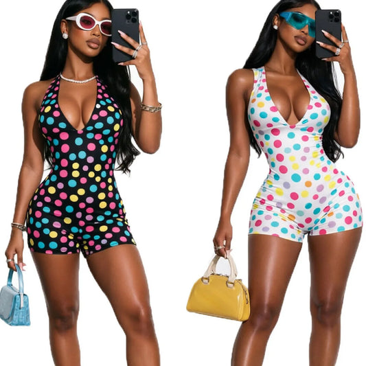 Summer Deep V Neck Halter Rompers Shorts Womens Jumpsuit Dot Bodysiuts for Women Female Bodysuit Mujer