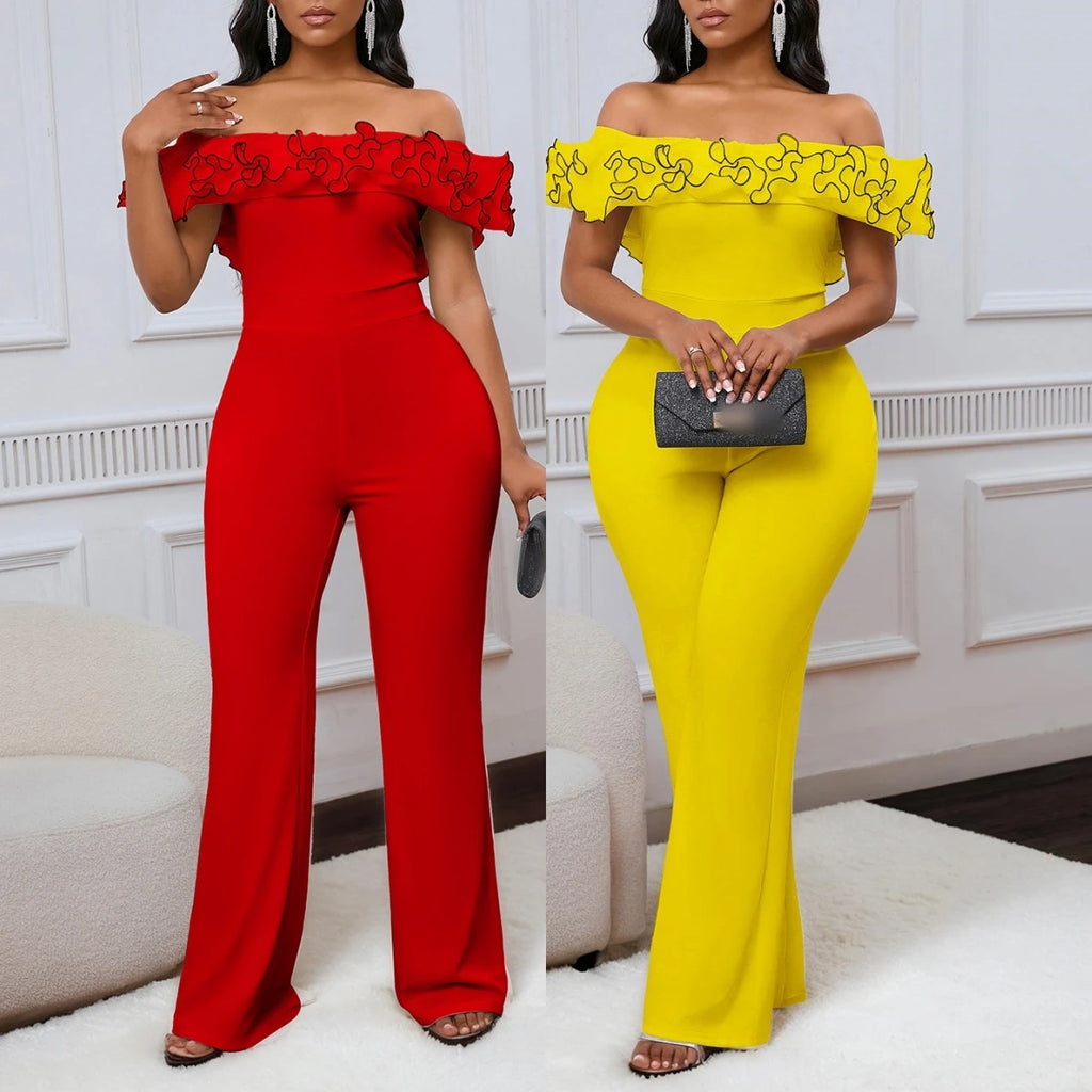 D523 Women's Sexy Tight Solid Color One Line Collar Ruffled off the Shoulder Short Sleeved Jumpsuit