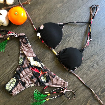 RUOTONGSEPT Sexy Micro Bikinis Set 2024 New Swimsuit Women Feather Print Bandage Swimwear Female Bathing Suit Brazilian Biquinis