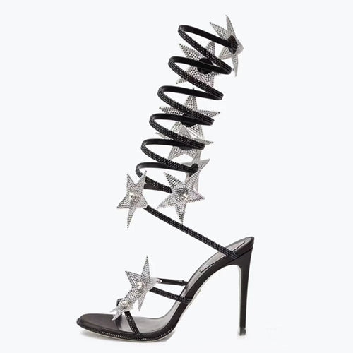 Ankle Wrap Cross Long Straps Women's Bling Stars Shoes High Heels Sexy Big Size 46 Dress Wide Fit Sandals Stiletto