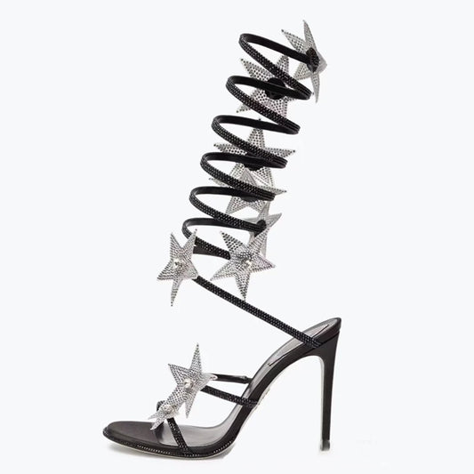Ankle Wrap Cross Long Straps Women's Bling Stars Shoes High Heels Sexy Big Size 46 Dress Wide Fit Sandals Stiletto