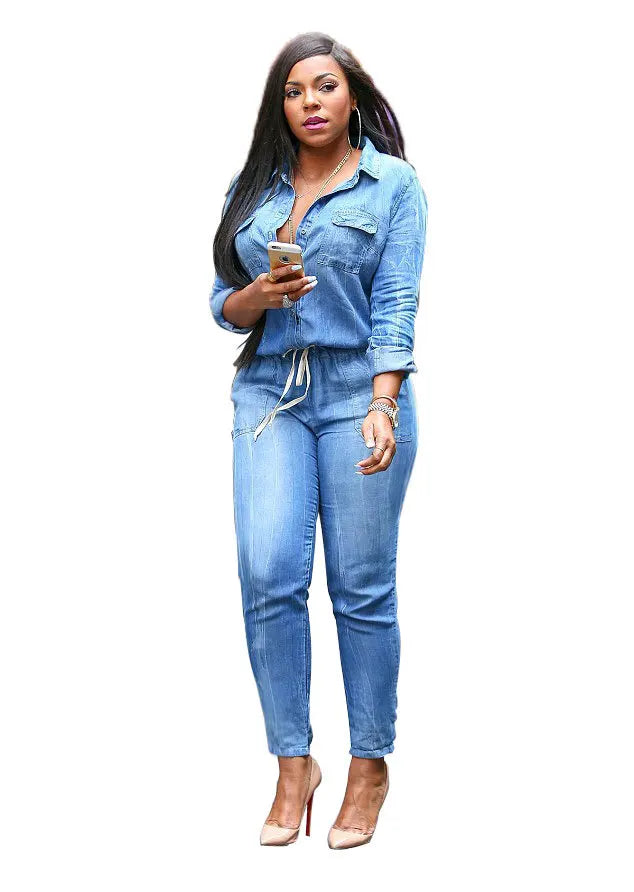 Lässiger Damen-Jeans-Overall in langer Ausführung mit hoher Taille und Strickgewebe, Bleistifthose und langen Ärmeln