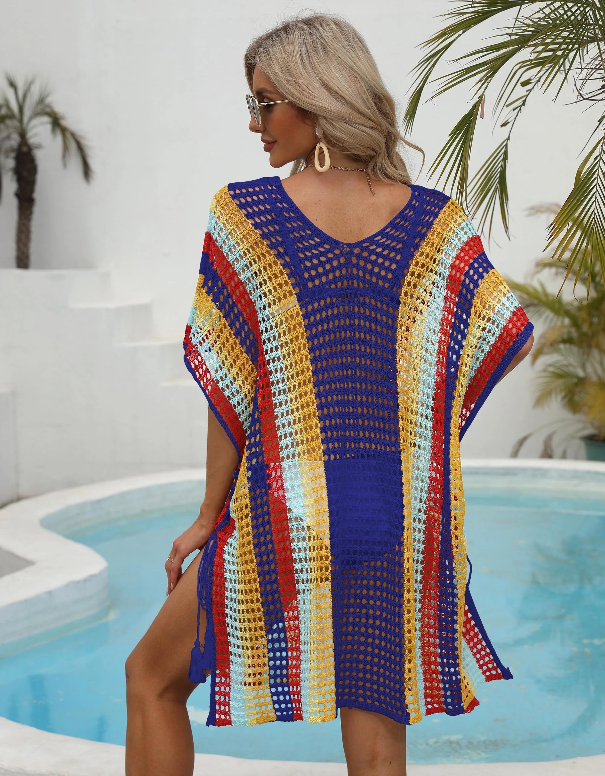 Hersteller Maßgeschneiderte Tunika Bademode Cover V-Ausschnitt Gehäkelte Strickstrandmode Badeanzug Bikini Kimono Strandkleid für Damen