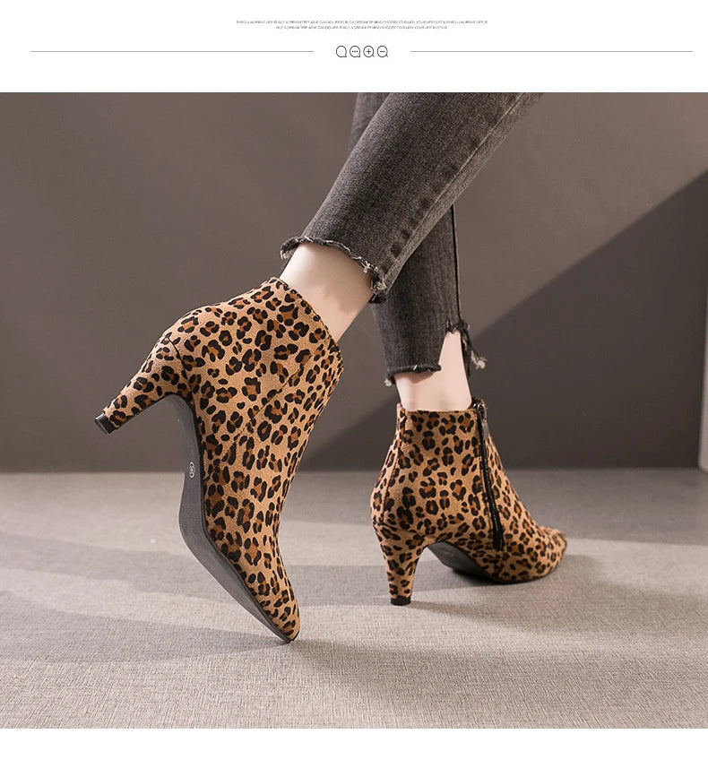 LazySeal 2025 New Luxury Leopard Women Boots Leather Winter Casual Shoes Hoof Heels Zip Pointed Toe Ankle Boots Big Size 43