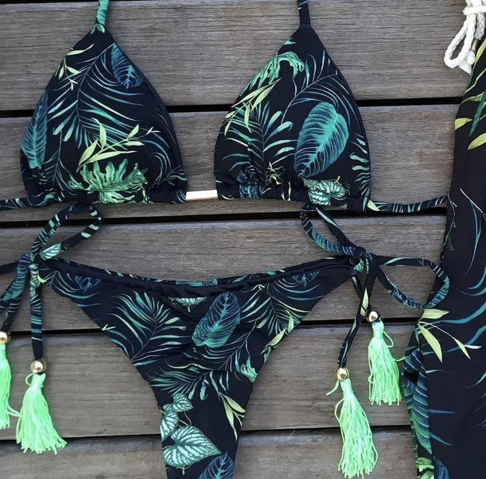 RUOTONGSEPT Sexy Micro Bikinis Set 2024 New Swimsuit Women Feather Print Bandage Swimwear Female Bathing Suit Brazilian Biquinis