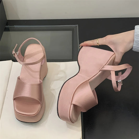 2025 European American Wedding Wind Comfortable Women's Open-Toed Peep Sandals Thick Soled Summer Slope Heel Breathable