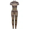 OUDINA Autumn and Winter Tight Short Sleeve Jumpsuit New Fashion Leopard Print Jumpsuits Backless Women Playsuits