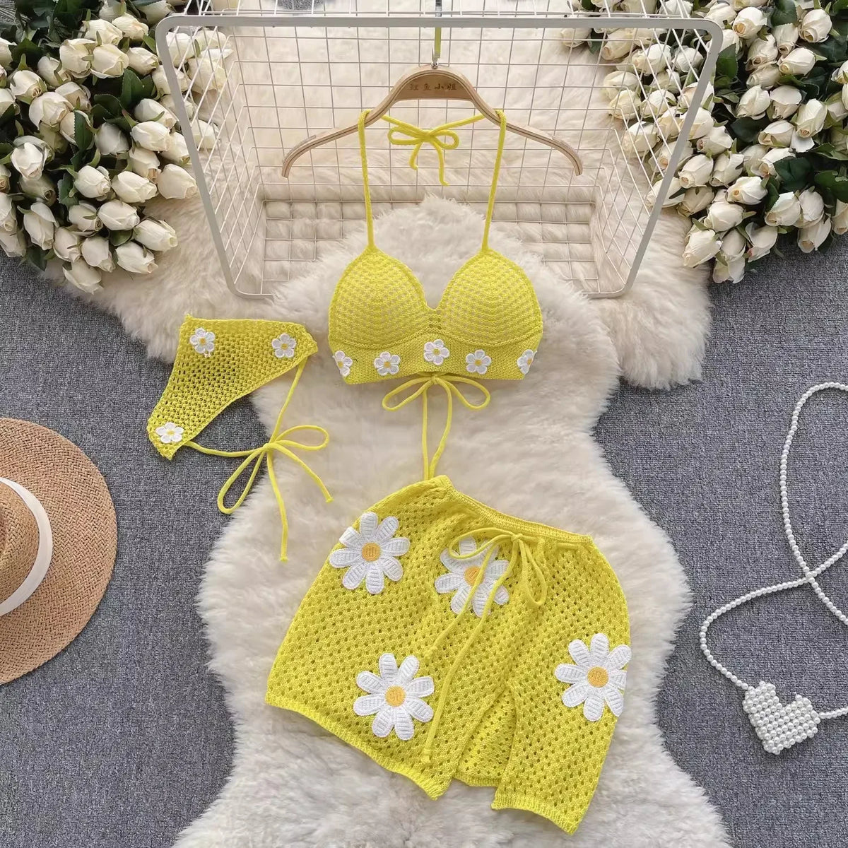 Bikini Three Piece Set Knitted Strap Set Beach Resort Style Knit Strap Bikini
