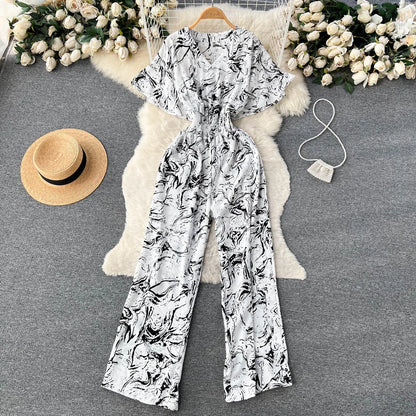 ANSZKTN Women's Summer Pant Set Short Sleeved Lattice Shirt Loose Wide-leg Trousers Printed High Waist Suit Jumpsuit