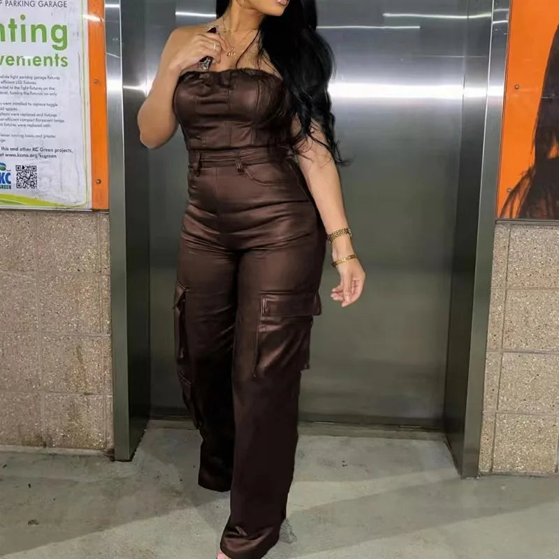 2025 Summer Ready to Ship XS-XL Boutique Sleeveless Pu Leather Streetwear Jumpsuits Playsuits Bodysuits