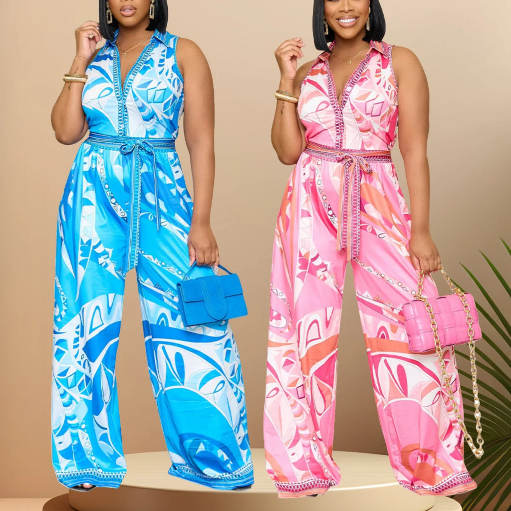 K10547 Großhandel Neuer Sommer Druck Ärmelloser V-Ausschnitt Weiter Bein-Jumpsuit Damen Freizeit-Jumpsuit