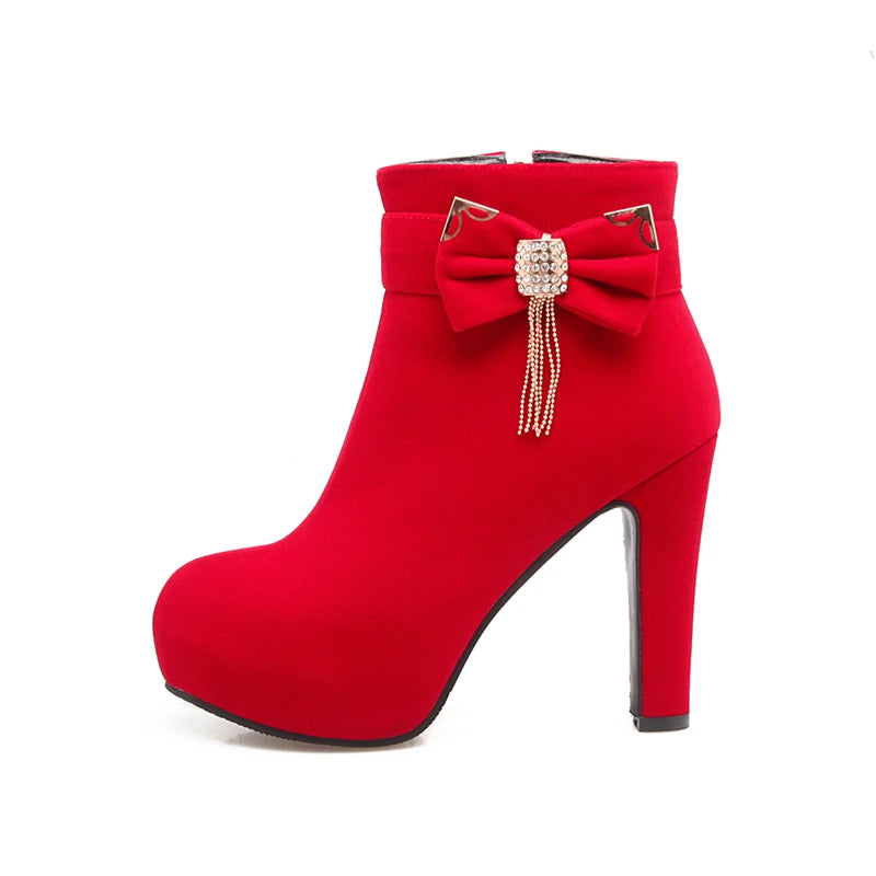 2021 Large Size 32-43 Platform Bow Women Shoes Woman Fashion High Heels Winter Ankle Boots female Footwear Black Blue yhj89