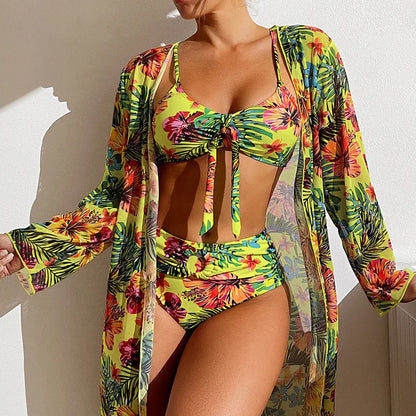 Damen Sommer Badeanzug Blumenprint Dreiteiliger Set Sexy Strandkleidung Bikini-BH, Höschen, Langarm-Cardigan Mantel Sets