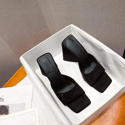 Eilyken Pantofole estive con tacco spesso a triangolo CRISTALLO Pantofole da donna sexy da strada con punta quadrata Scarpe da festa Taglia 35-41