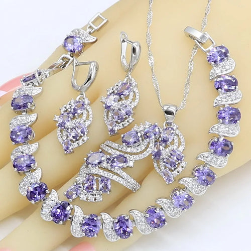 Parures de bijoux de Dubaï pour femmes, mariage, améthyste violette, collier, pendentif, boucles d'oreilles, bague, bracelet, coffret cadeau