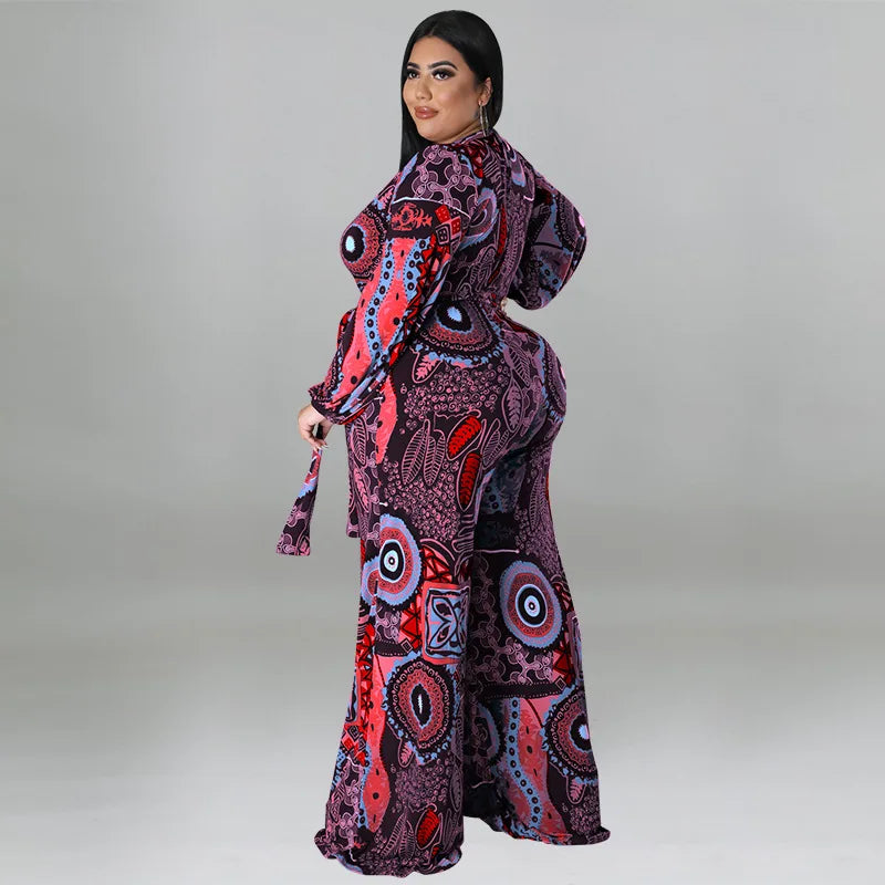 BH784 Combinaison-Pantalon Imprimée Ample Col V Grande Taille 100% Polyester Tendance Automne Hiver pour Femme