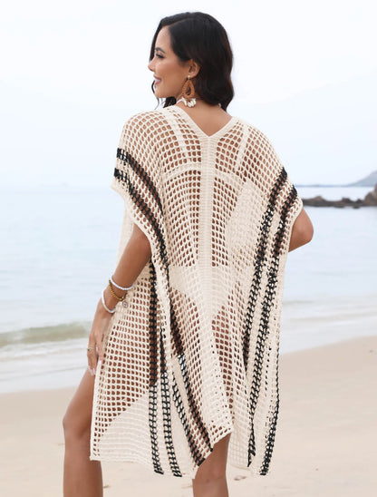 Women's Fashion Color Blocking Cover up Woven Bikini V-neck Striped A-line Cover-up 100% Polyester Breathable Beach Dress 2025