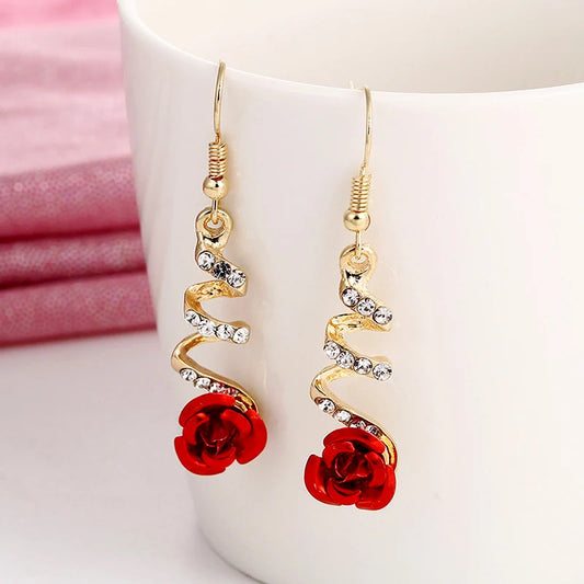 Nuovi gioielli di moda Orecchini pendenti con rosa rossa Donna Fiori con strass vintage Orecchini pendenti Matrimoni Gioielli per feste di fidanzamento