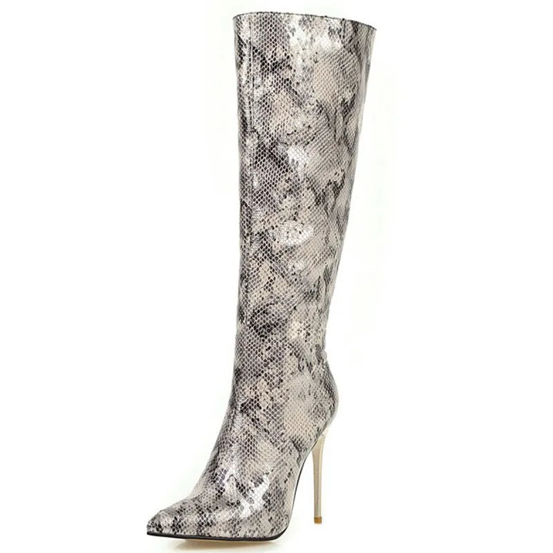 Snakeskin Leopard Long Boots Sexy Shoes Woman High Heels Autumn Winter Knee High Boots Leather Cowboy Women Shoes Custom WSH3461