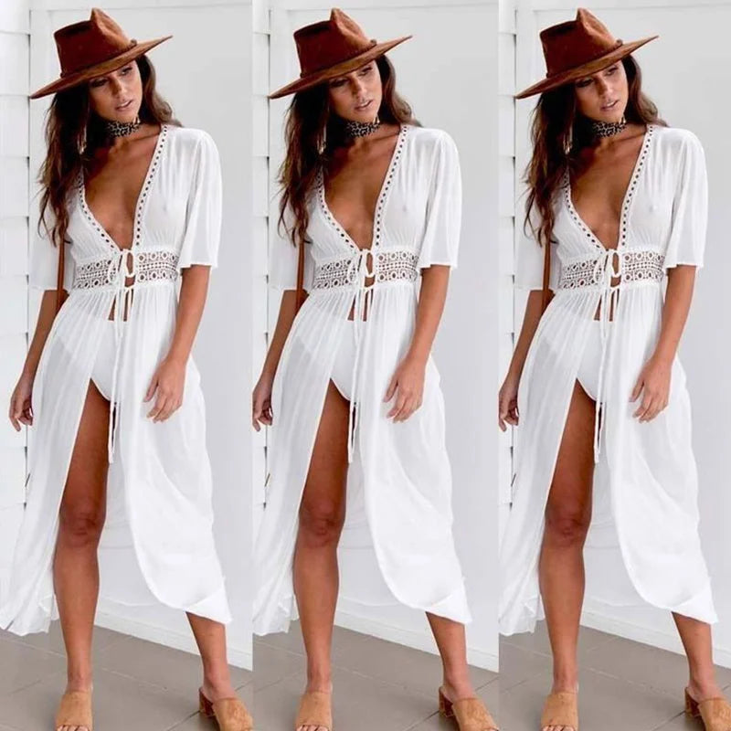 Neue Mode Damen Sommer Bikini Overall Tiefer V-Ausschnitt Halbarm Spitze Passende Schnürung Lässiges Langes Cape Cardigan Kleid
