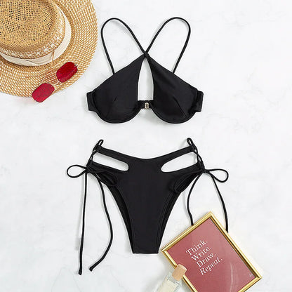 2023 Fashion Neckholder-Bikini schwarz hohler Bikini-Badeanzug zweiteiliger Bikini-Badeanzug sexy Mädchen-Bademode