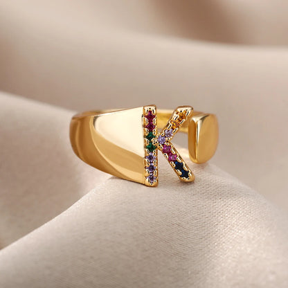 Anelli con lettera zircone arcobaleno per le donne Moda grosso lettera larga AZ anello in acciaio inossidabile matrimonio gioielli Boho spedizione gratuita