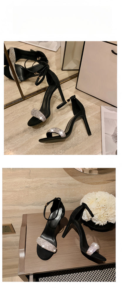 Women's 2025 Summer Luxury Crystal Sandals - Thin Heel Round Toe Open Toe Suede High Heels