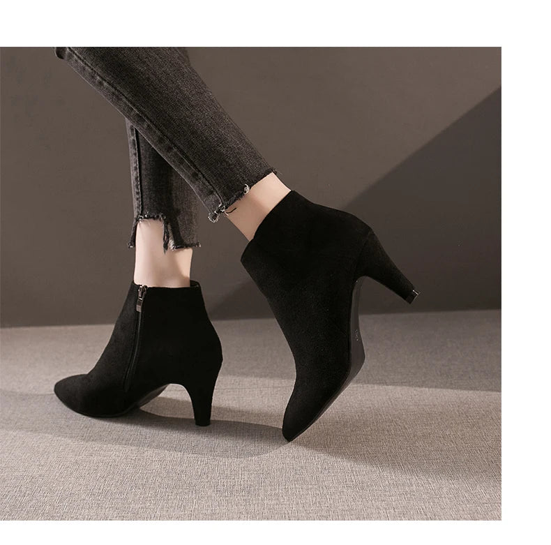 LazySeal 2025 New Luxury Leopard Women Boots Leather Winter Casual Shoes Hoof Heels Zip Pointed Toe Ankle Boots Big Size 43