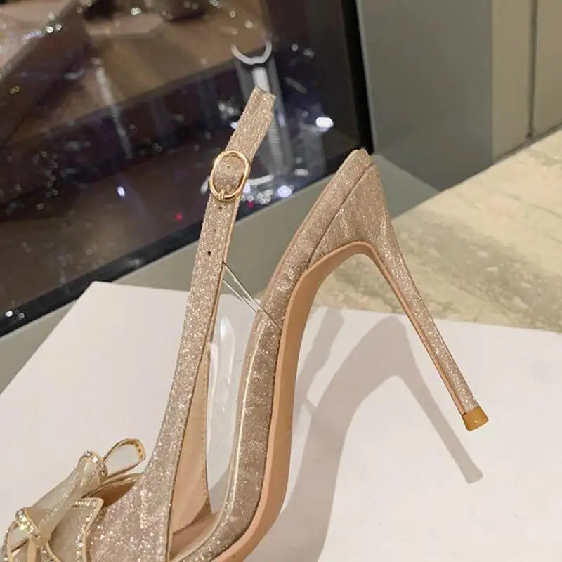 Elegant Woman's Wedding Sandals French Bow Shallow Cut Thick Trendy Upper Lighted Sandals Outdoor Summer Bride Shoes