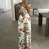 Summer Fashion Sexy Deep V-neck Jumpsuit Women's Short Sleeve Floral Digital Print Waist Trousers Jumpsuit