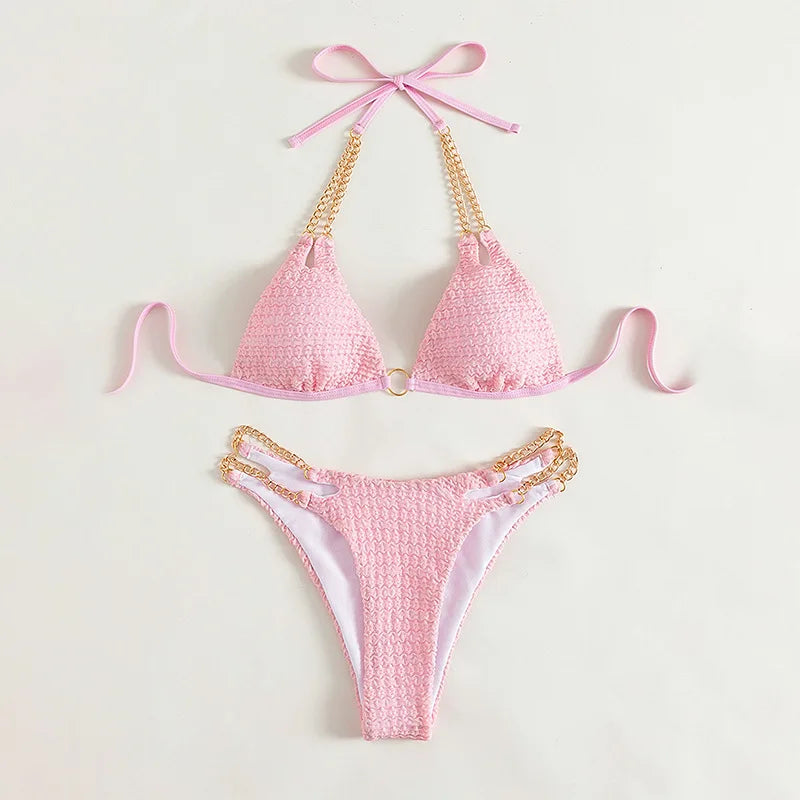 Sexy Halter Solid Bikini Set Female Swimsuit Two-piece Triangle Thong Metal Chain Strap Swimwear Bathing Suit Brazilian Biquinis