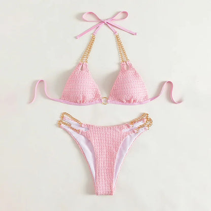 Sexy Halter Solid Bikini Set Female Swimsuit Two-piece Triangle Thong Metal Chain Strap Swimwear Bathing Suit Brazilian Biquinis