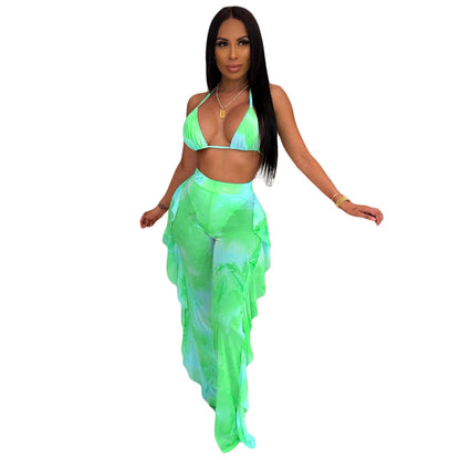 Prix usine en gros Nouveau maillot de bain d'été sexy pour femme avec bikini à volants, pantalon long ample, soutien-gorge à fines bretelles et ensemble deux pièces