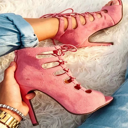 Chaussures latines roses à bout ouvert en daim, bottes de danse, Salsa, Tango, performance, pratique, chaussures de danse de salon, chaussures de jazz à la cheville pour femmes