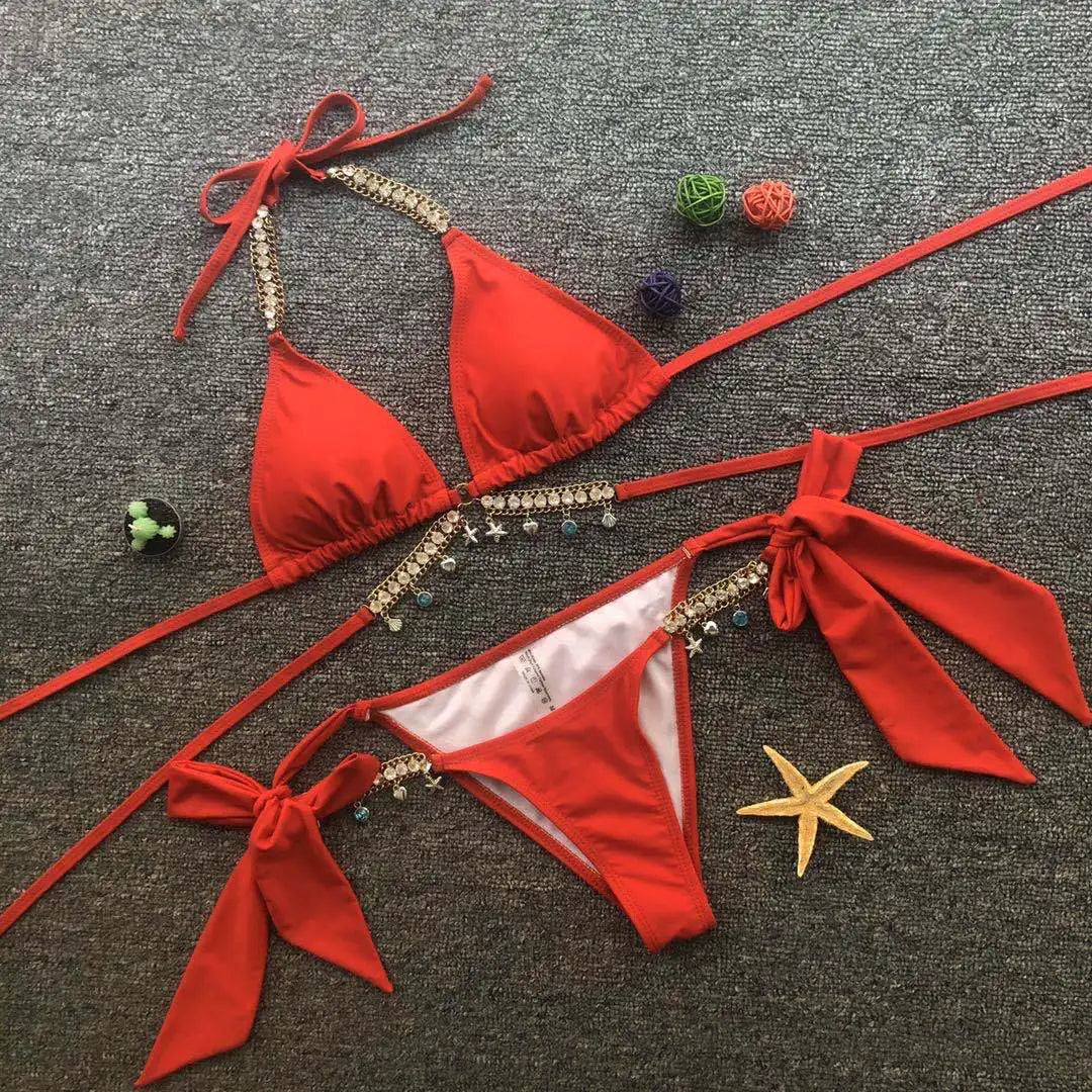 2022 Stock glänzender holografischer Tanga-Bikini Schmuck Diamant Damen Tanga-Bikini Bademode