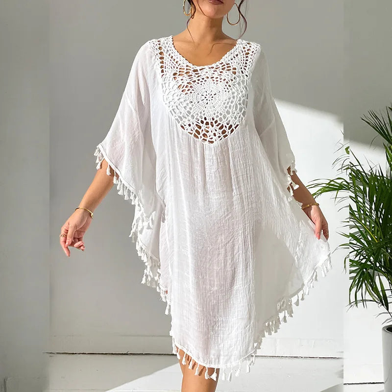 2024 Factory New Summer Women Bikini Cover up Tassel Handmade Crochet Tunic Loose Beach Blouse Dress Swimwear Beach Cover Ups