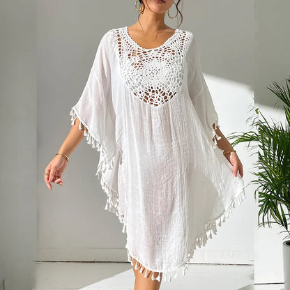 2024 Factory New Summer Women Bikini Cover up Tassel Handmade Crochet Tunic Loose Beach Blouse Dress Swimwear Beach Cover Ups