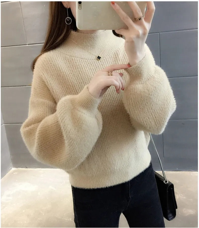 Autunno/Inverno Donna Maglione Pullover Nuovo Mezza Dolcevita Manica Lanterna Maglione Corto Imitazione Visone Pile Maglia Maglione Top