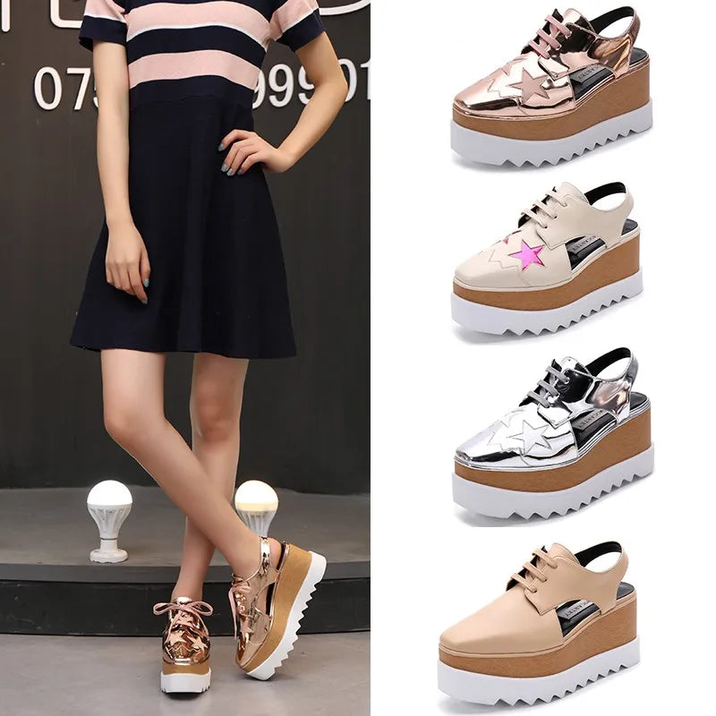 Genuine Leather Buckle Strap Sandals Breathable Sneakers Stars women summer rivets shoes Korean Style Platform Casual Shoes