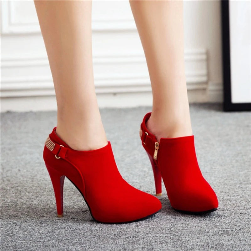 REAVE CAT Ankle Boots Pointed Toe Shoes women Sale Thin Heels Flock Suede Leather Rhinestone Big Size 31-50 Weeding Blue Black