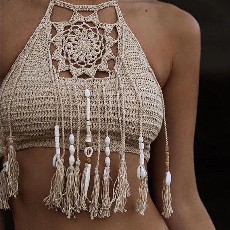 New Custom Handmade Crochet Swimwear Women Bralette Halter Neck Crop Tank Tops Crochet Bikini Top