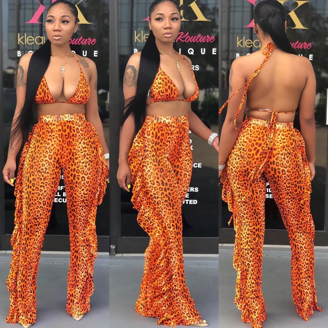 Summer Night Club Bikini Halter Sexy Swimsuits for Women 2Pcs Sheer Sexy 2025 Women Long Pant Bathing Suits